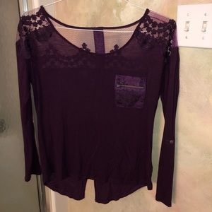 Lace top and pocket long sleeve purple top